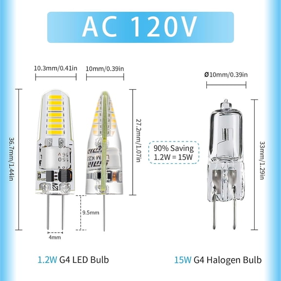 G4 LED Bulb, AC120V G4 Bi-Pin Light Bulbs, Cool White 6000K, 110LM 1.2W Equivalent to 10W-20W Halogen Lamps, Flicker Free, Non-Dimmable, for Home Lighting, Kitchen Hood, 10 Pack