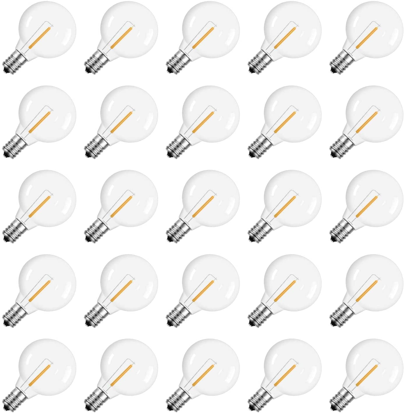 G40 1.57 Inch Led Replacement Light Bulbs, E12 Screw Base Shatterproof LED Small Globe Light Bulbs for Outdoor String Lights, 1Watt Equvalent to 5 Watt Incandescent Bulbs, Warm White, 25Pack
