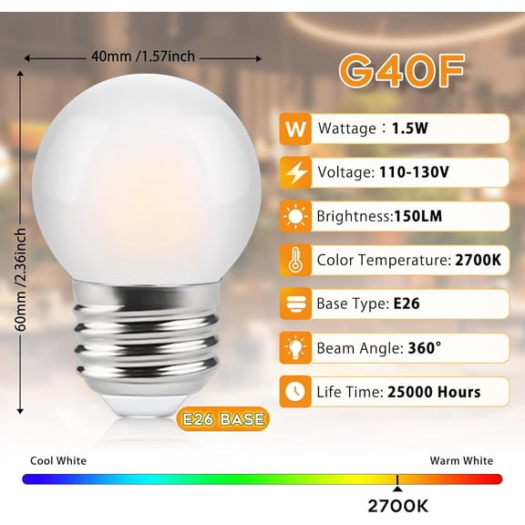 G40 1.5W Low Wattage Led Bulb Equivalent 15 Watt, E26 Base G14 Small Low Power Light Bulb, Frosted, Warm White 2700K, 150LM, Non-Dimmable (4-Pack)