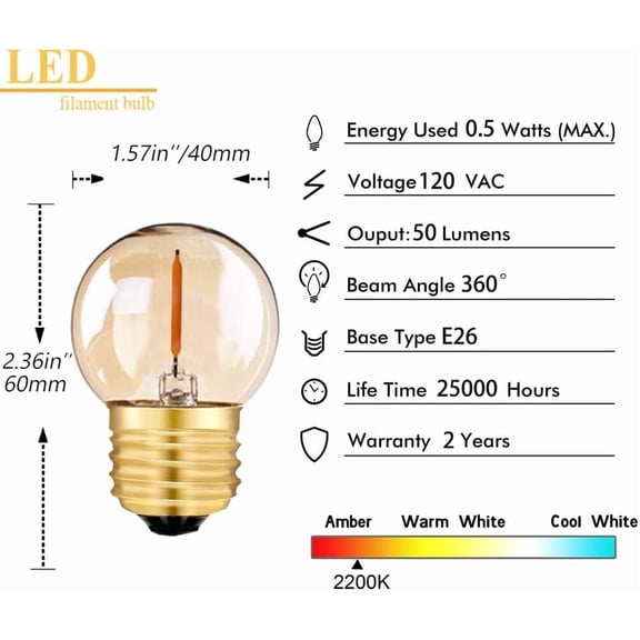 G40 G12.5 Led Filament Mini Globe Light Bulbs 0.5W Equivalent to 5 Watt Incandescent Low Watts Led Bulb E26 Base 2200K Edison Bulb Decorative Lighting-2 pcs
