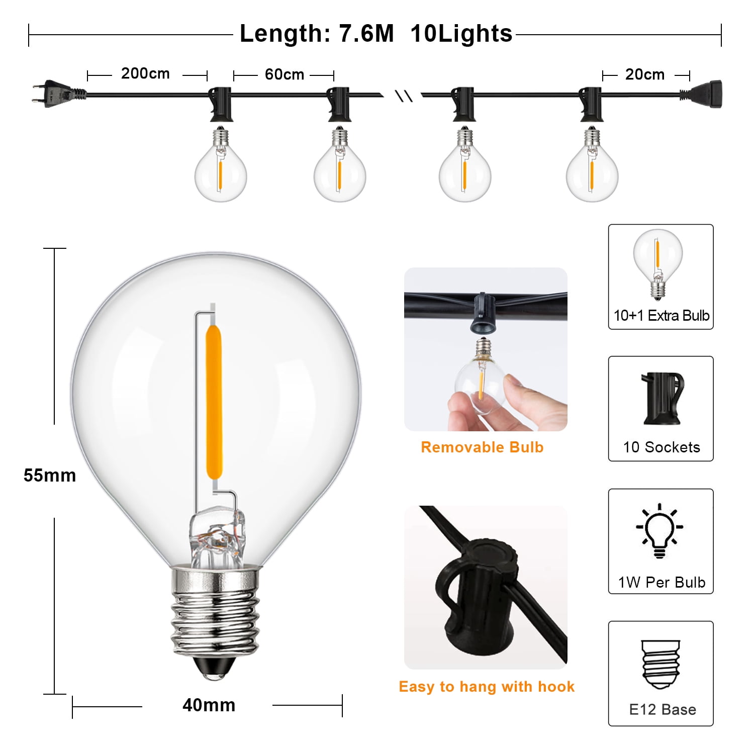 G40 Indoor Outdoor String Light E12 Socket EU plug 220V Connectable ...