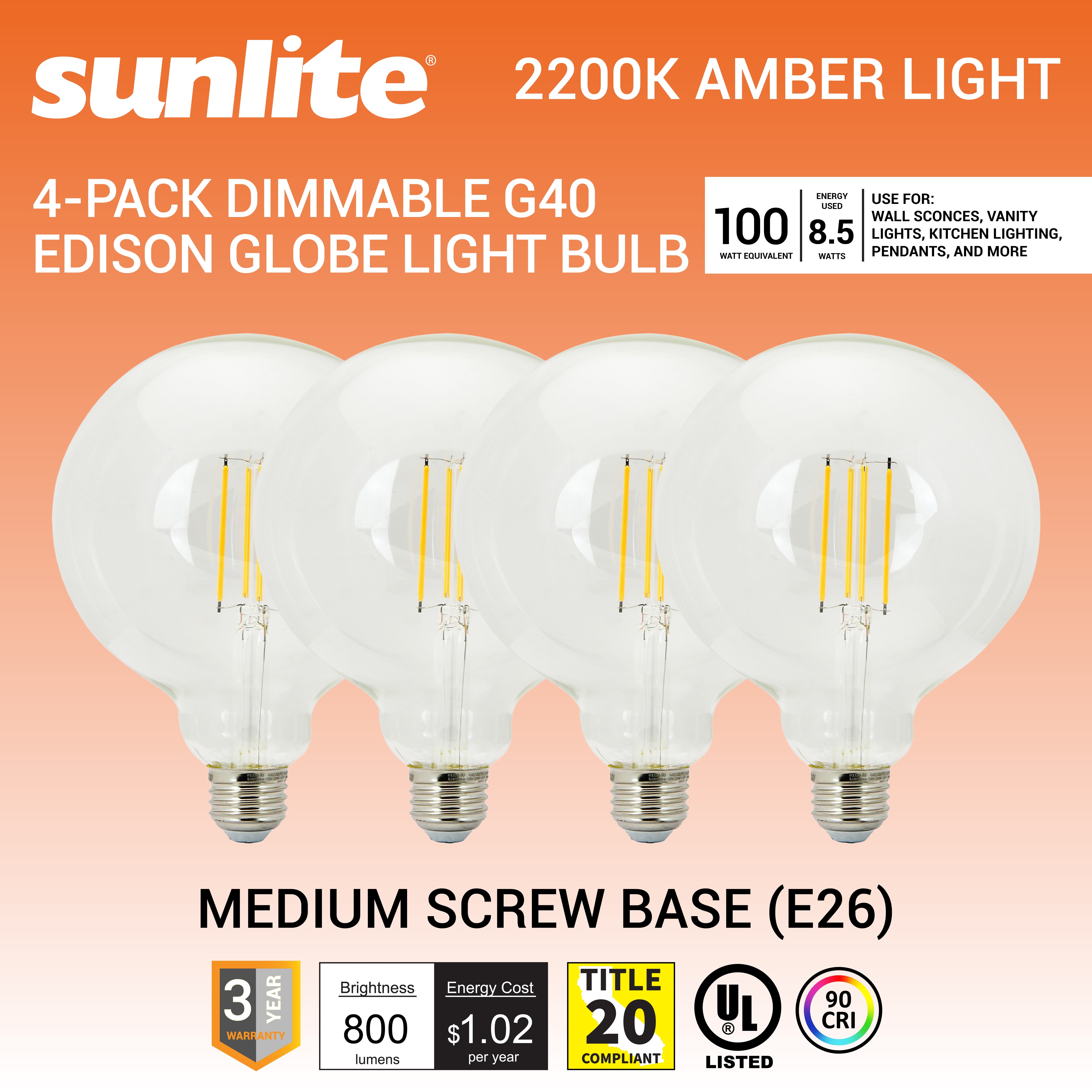 Sunlite 41836 LED G40 Edison Globe Light Bulb, 8.5 Watts (100W Equivalent), Standard E26 Base, 800 Lumens, Dimmable, Clear Glass, Long Filament, 90 CRI, CEC Compliant, 2200K Amber Light, 4 Pack