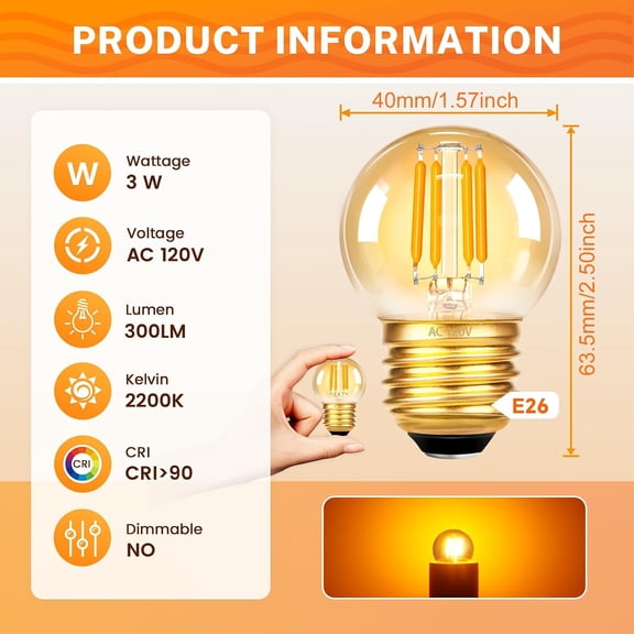 G40 Led Low Wattage Light Bulbs 3W Equivalent to 25 Watt Light Bulbs Amber Glass Small Globe Light Bulb E26 Standard Base 2200K Warm White 100LM CRI 90+ Pack of 2