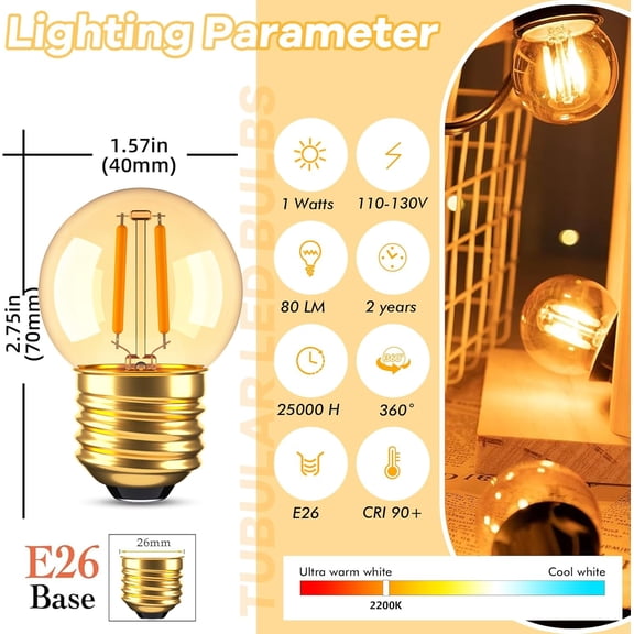 G40 Low Watt Light Bulb Edison LED Bulb Mini Globe Light Bulbs 1W Equivalent to 10Watt Incandescent E26 Screw Base Led Bulbs Ultra Warm White 2200K, Non Dimmable (G40g-2pack)