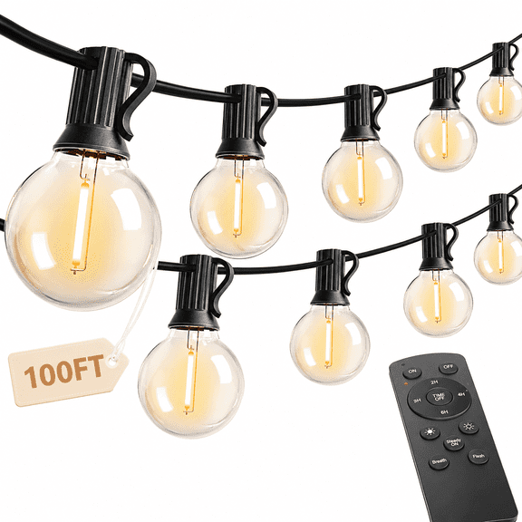 G40 Outdoor String Lights 100FT with Remote Control, Dimmable Outdoor Patio Lights, Waterproof Connectable Globe String Lights with Timer for Backyard Decor
