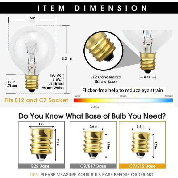 G40 Replacement Bulbs, 120V 5 Watt Clear Globe Incandescent Light Bulbs fits E12 C7 Candelabra Base, Dimmable String Light Bulbs Replacement for Indoor Outdoor Patio Decor, (25 Pack)