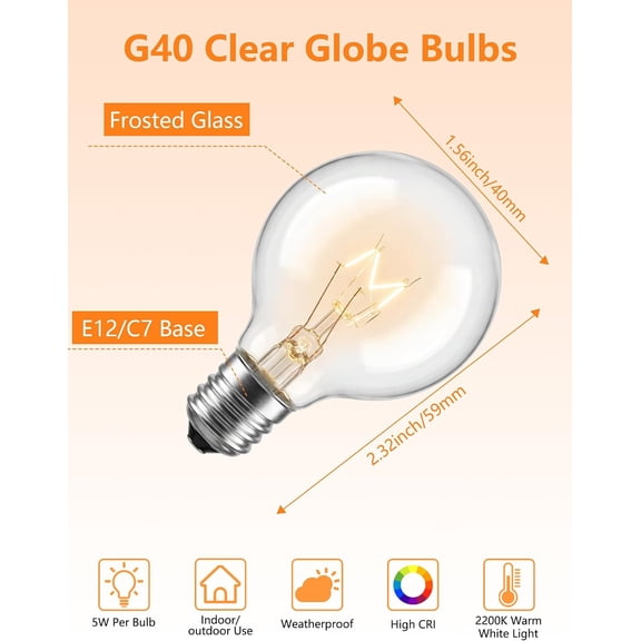 G40 Replacement Incandescent Light Bulbs, 5 Watt 1.5 Inch Clear Globe Light Bulbs, Fits E12/C7 Candelabra Screw Base for Indoor Outdoor String Light Decor, Warm White,Pack of 25
