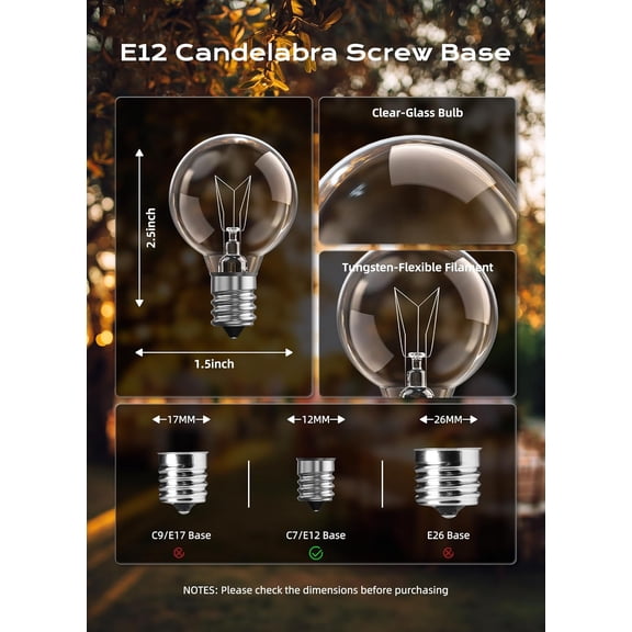 G40 Replacement Light Bulbs, Clear Globe Incandescent Bulbs Replacement for Outdoor String Light, E12 Candelabra Base, Round Bulbs for Patio Cafe Bistro Decor, 5W 120V, Warm White, 25 Pack