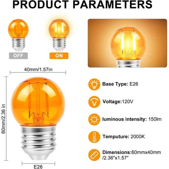 G40 Small dim Amber LED Edison 2000K 2 watt-15 watt Equivalent, E26 Base Low watt Soft Warm Light Bulbs for Healthy Sleep and Baby Nursery Light 4 Pack
