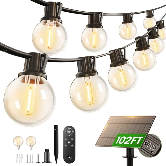 G40 Solar Powered String Lights with Remote Control, 96ft Outdoor Waterproof Hanging Lights with 3 Lighting Modes, 32 LED Bulbs for Garden