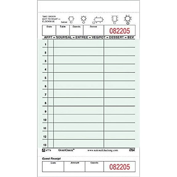 G4774SP NCC 1 Pt 13 Line Guest Check Cardboard 4.20" x 7.25" Green 2500 / cs 50 Books / 50 SW