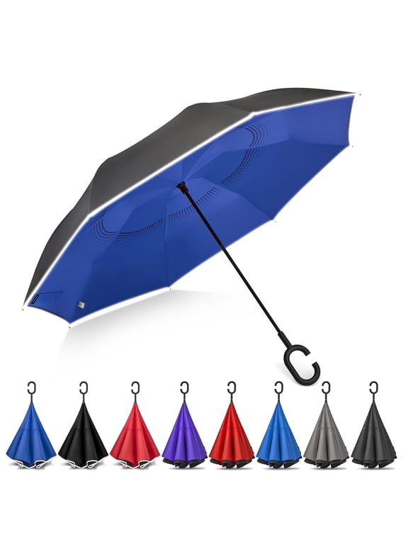 48/62 Inch Large Inverted Reverse Umbrella with C-Shaped Handle, Windproof Double Layer Upside Down Car Rain Umbrellas for Men Women