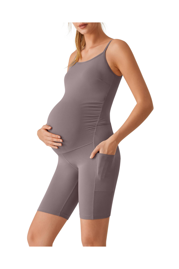 BareFeel Built in Bra Maternity Romper Cut Out Back Pregnancy Jumpsuit with Pockets Workout Casual