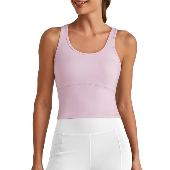 G4Free BareFeel Built in Bra Workout Tank Tops Removable Padded Longline Sports Bras Waist Length Athletic Tanks