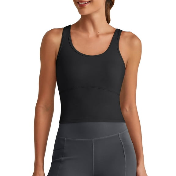 G4Free BareFeel Built in Bra Workout Tank Tops Removable Padded Longline Sports Bras Waist Length Athletic Tanks