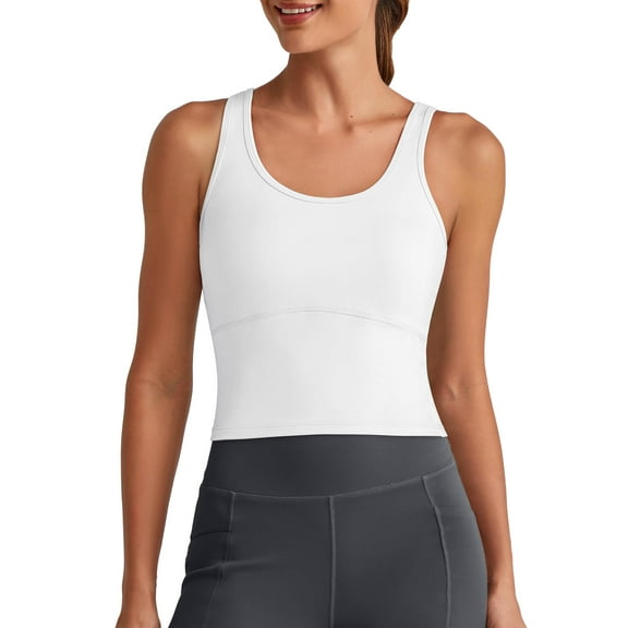 G4Free BareFeel Built in Bra Workout Tank Tops Removable Padded Longline Sports Bras Waist Length Athletic Tanks