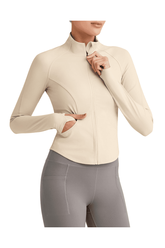 BareFeel Cropped Jackets for Women Slim Fit Full Zip Up Workout Athletic Track Jackets with Thumb Holes for Yoga