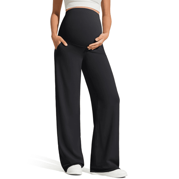 G4Free BareFeel Maternity Dress Yoga Pants with Pockets Over The Belly Stretchy Work Slack Pregnancy Wide Leg Casual Trousers