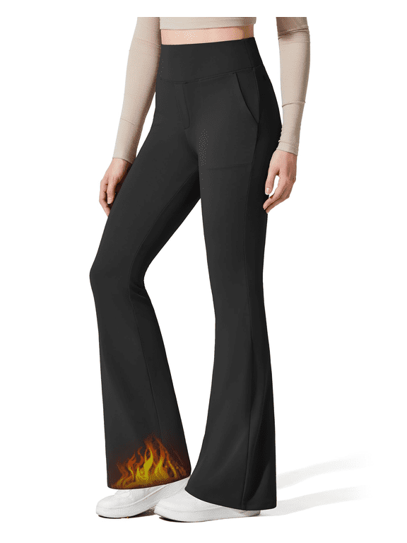 Barefeel Women's Fleece Lined Flare Yoga Pants Winter Thermal High Waist Leggings with Pockets