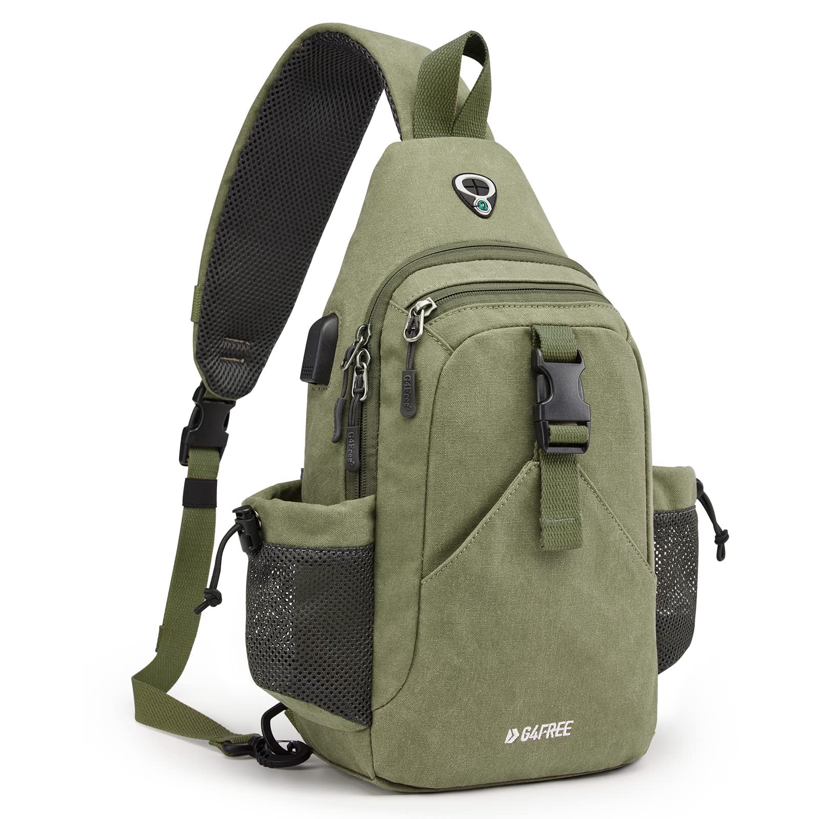 G4Free Canvas Sling Bag Crossbody Backpack with USB Charging Port & RFID Blocking, Hiking Daypack Chest Bag for Women Men