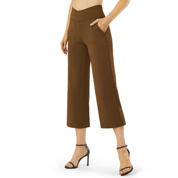 G4Free Capri Pants for Women Wide Leg Yoga Dress Capris with Pockets Cross Loose Casual Work Crop Pants