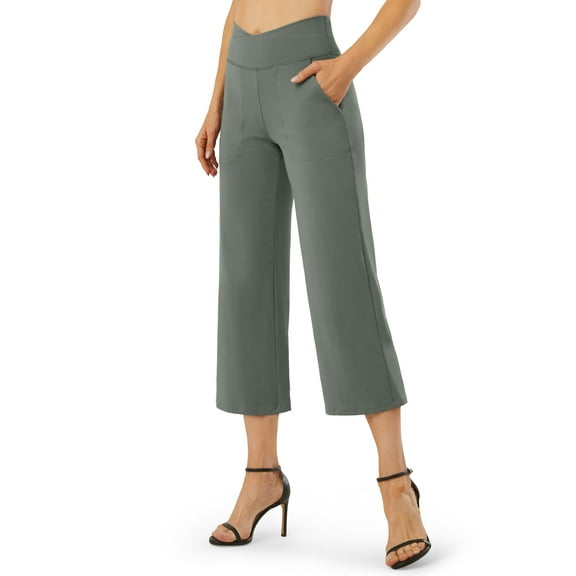 G4Free Capri Pants for Women Wide Leg Yoga Dress Capris with Pockets Cross Loose Casual Work Crop Pants