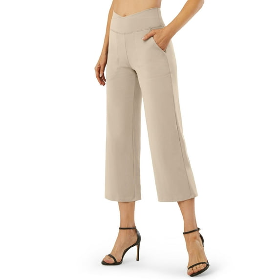 G4Free Capri Pants for Women Wide Leg Yoga Dress Capris with Pockets Cross Loose Casual Work Crop Pants