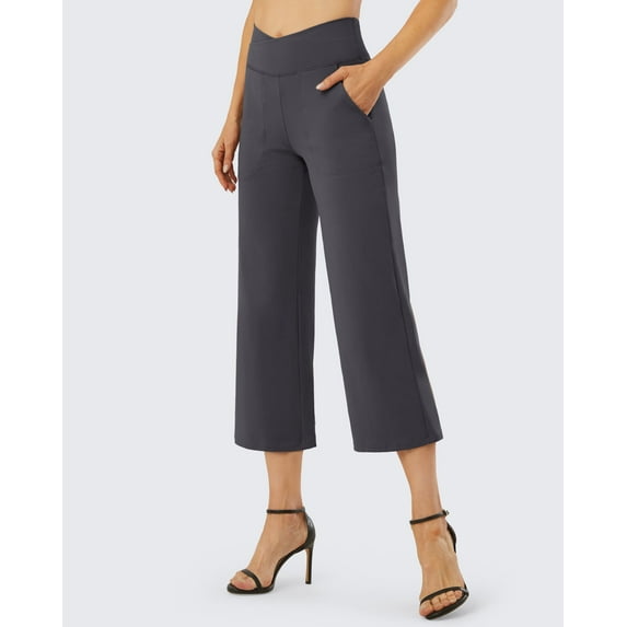G4Free Capri Pants for Women Wide Leg Yoga Dress Capris with Pockets Cross Loose Casual Work Crop Pants