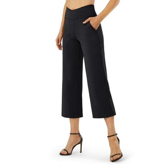 G4Free Capri Pants for Women Wide Leg Yoga Dress Capris with Pockets Cross Loose Casual Work Crop Pants
