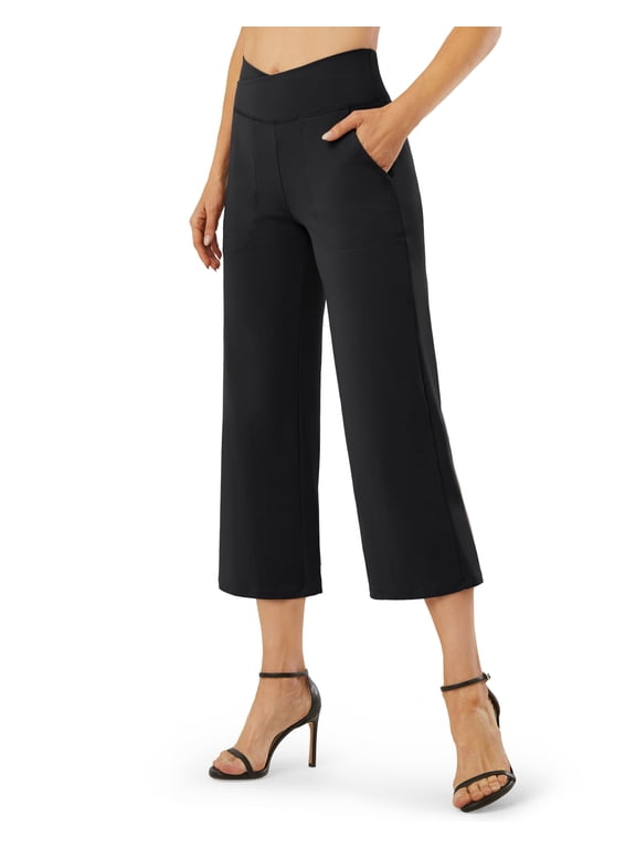 Capri Pants for Women Wide Leg Yoga Dress Capris with Pockets Cross Loose Casual Work Crop Pants