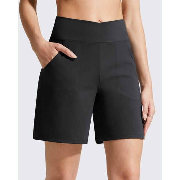 G4Free EverGoing Athletic Shorts for Women 6" Cross Waist Summer Casual Shorts with Pockets