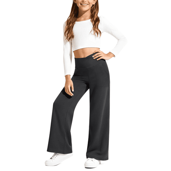 G4Free EverGoing Girls Wide Leg Pants High Waist Cross Waistband Sweatpants with 2 Pockets 6-12 Years School Sport