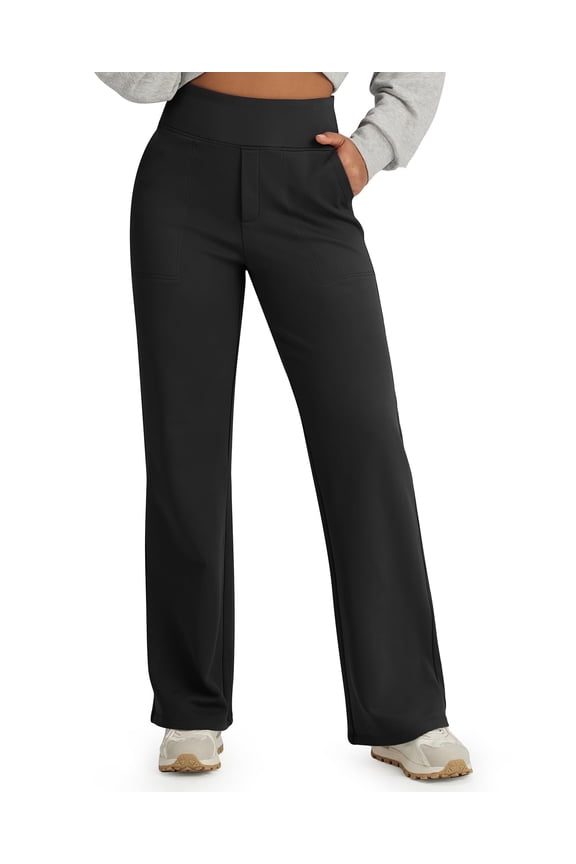 Fleece Lined Pants Women High Waisted Wide Leg Pants Winter Warm Thermal Sweatpants with Pockets 29"