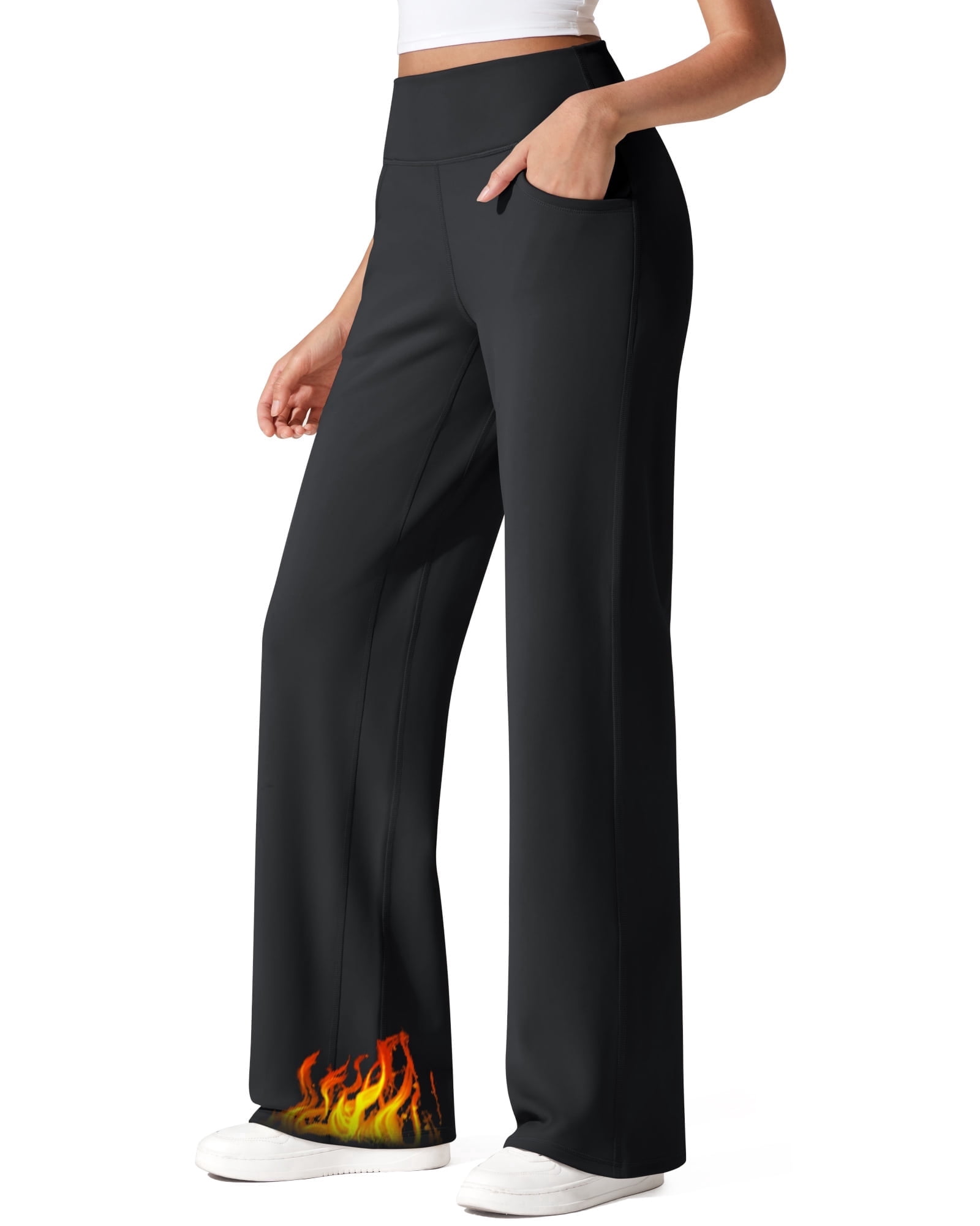 G4Free Fleece Lined Pants Women Wide Leg Work Trousers with Pockets High Waisted Sweatpants for Casual Dress Winter