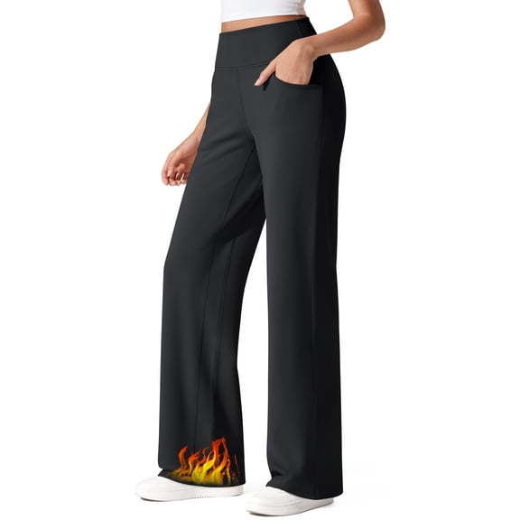 G4Free Fleece Lined Pants Women Wide Leg Work Trousers with Pockets High Waisted Sweatpants for Casual Dress Winter