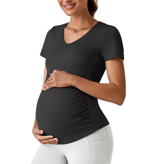 G4Free Lightweight Maternity Shirts Short Sleeve V Neck Pregnancy Workout Tops Side Ruched Stretchy Yoga Lounge Tees