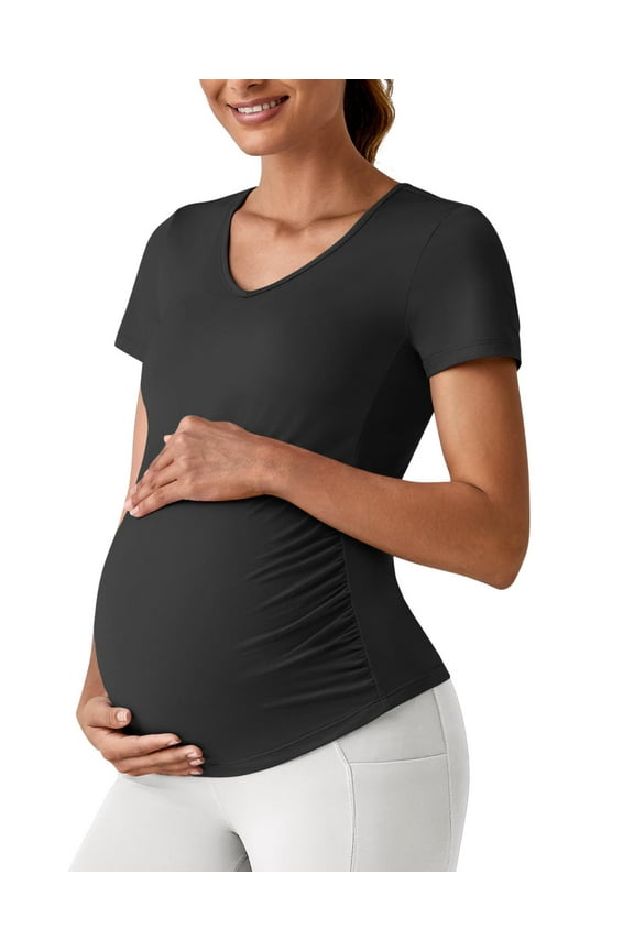 Lightweight Maternity Shirts Short Sleeve V Neck Pregnancy Workout Tops Side Ruched Stretchy Yoga Lounge Tees