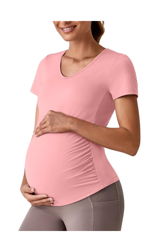 Lightweight Maternity Shirts Short Sleeve V Neck Pregnancy Workout Tops Side Ruched Stretchy Yoga Lounge Tees
