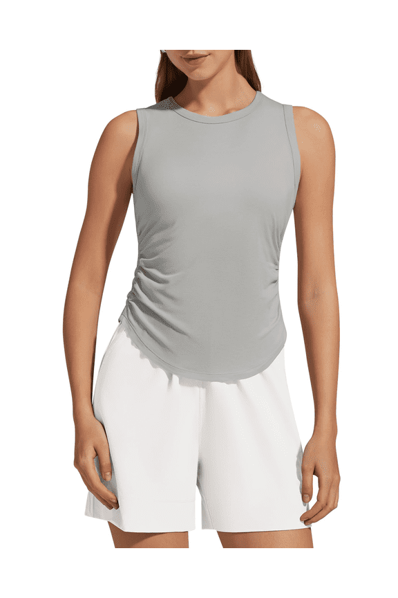 Lyocell Ruched Side Workout Tank Tops Woman High Neck Waist Length Gym Tanks Soft Relaxed Fit for Training