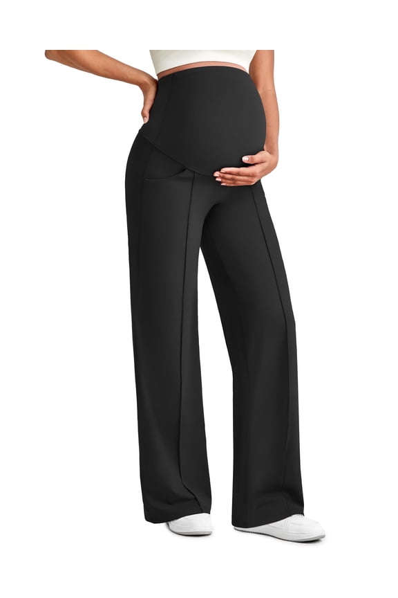 Maternity Dress Yoga Pants with Pockets Over The Belly Stretchy Work Slack Pregnancy Wide Leg Lounge Trousers