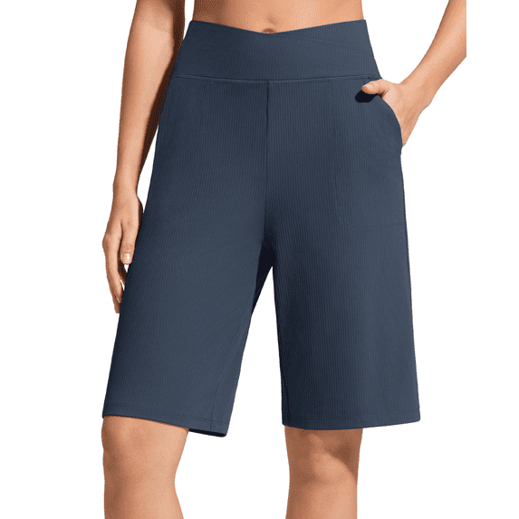 G4Free Ribbed Bermuda Shorts for Women 10"/11“ High Waisted Crossover Shorts with Pockets for Workout Casual Summer