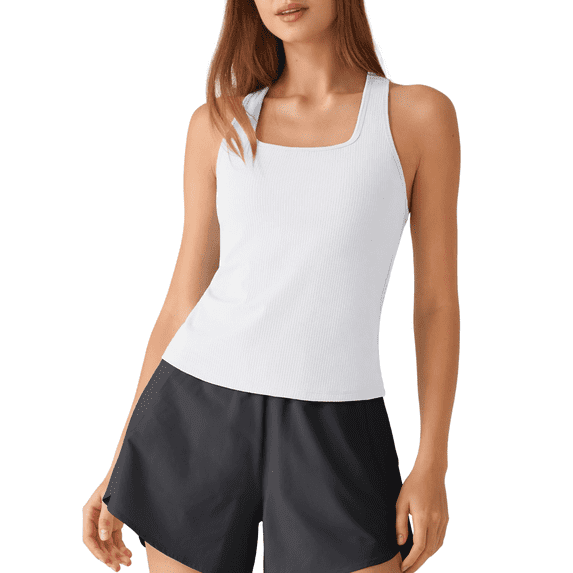 G4Free Ribbed Removable Built in Bra Workout Tank Tops Woman Racerback Square Neck Yoga Top Lightweight Athletic Tanks