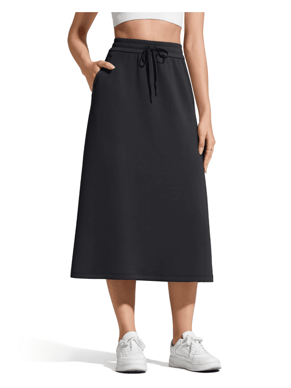 Smoofit A-Line Midi Skirts for Women Modal Soft Drawstring Maxi Skirt Long Casual Fall with 2 Pockets