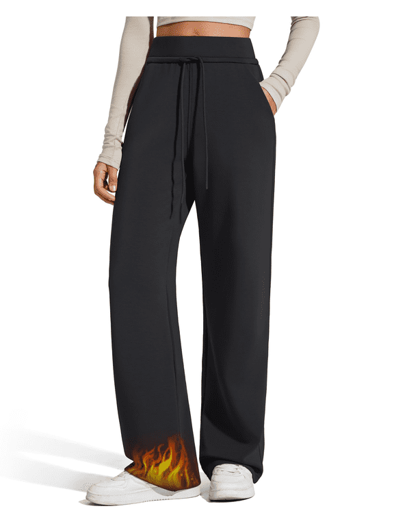 Smoofit Fleece Lined Wide Leg Sweatpants for Women Drawstring Thermal Casual Pants with Pockets