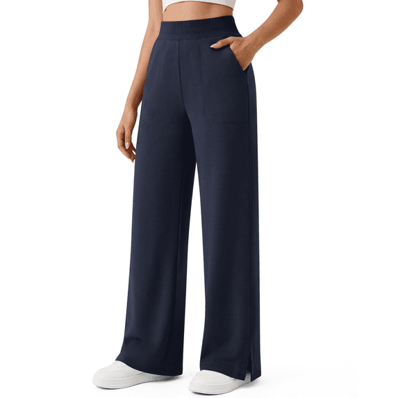 G4Free Smoofit Modal Soft Sweatpants Women Ribbed Waist Wide Leg Casual Pants Side Slit with Pockets