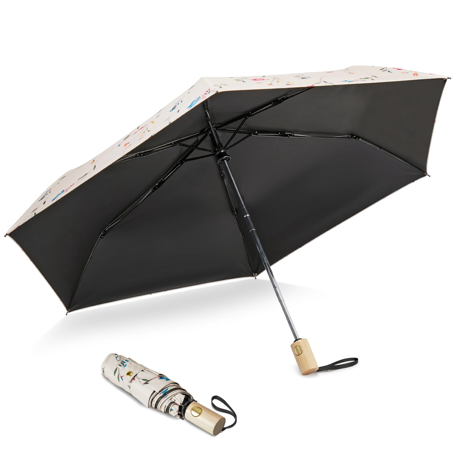 G4Free UPF 50+ UV Protection Travel Umbrella with Wooden Handle, 42 Inch Lightweight Sun Rain Folding Umbrellas Auto Open Close