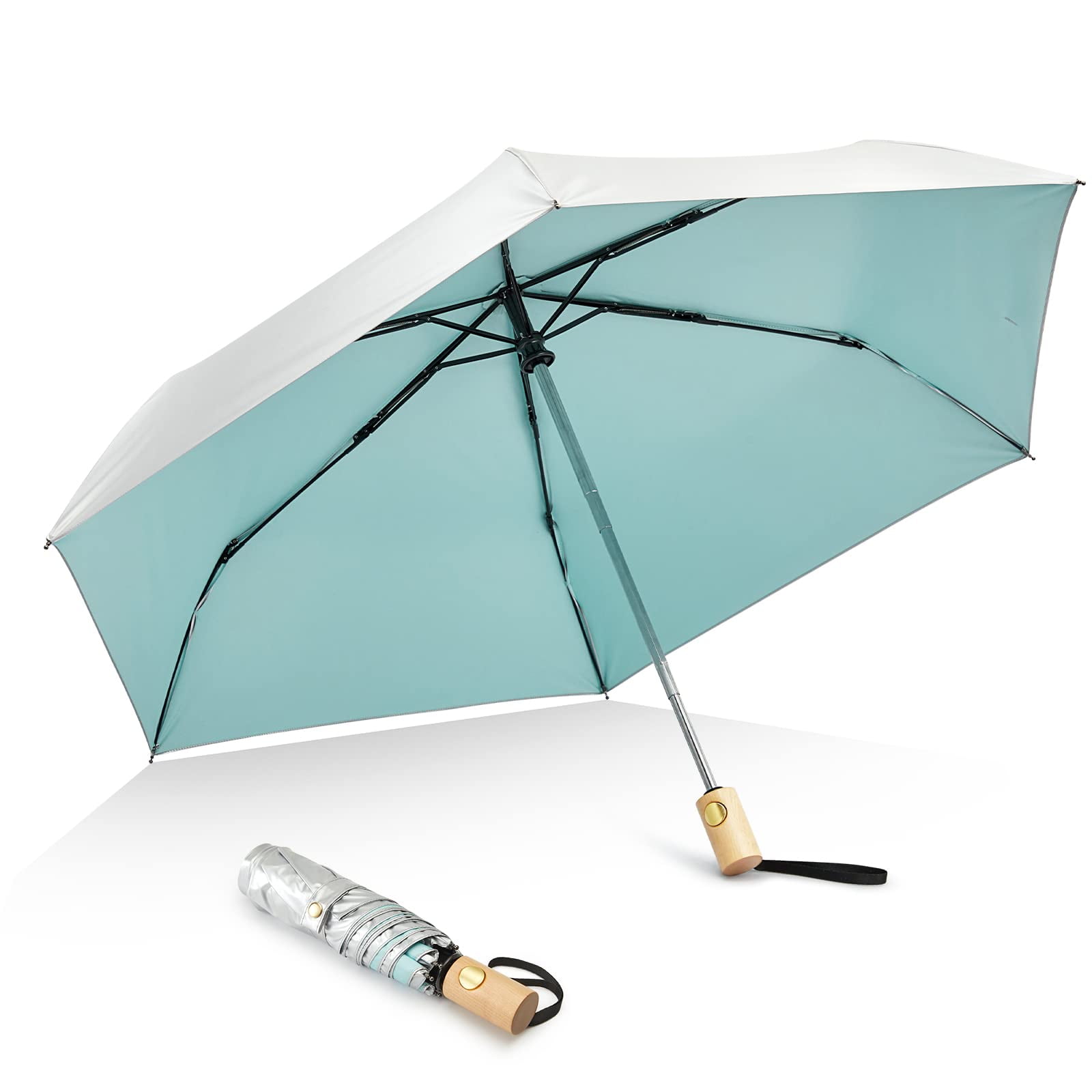 G4Free UPF 50+ UV Protection Travel Umbrella with Wooden Handle, 42 Inch Lightweight Sun Rain Folding Umbrellas Auto Open Close