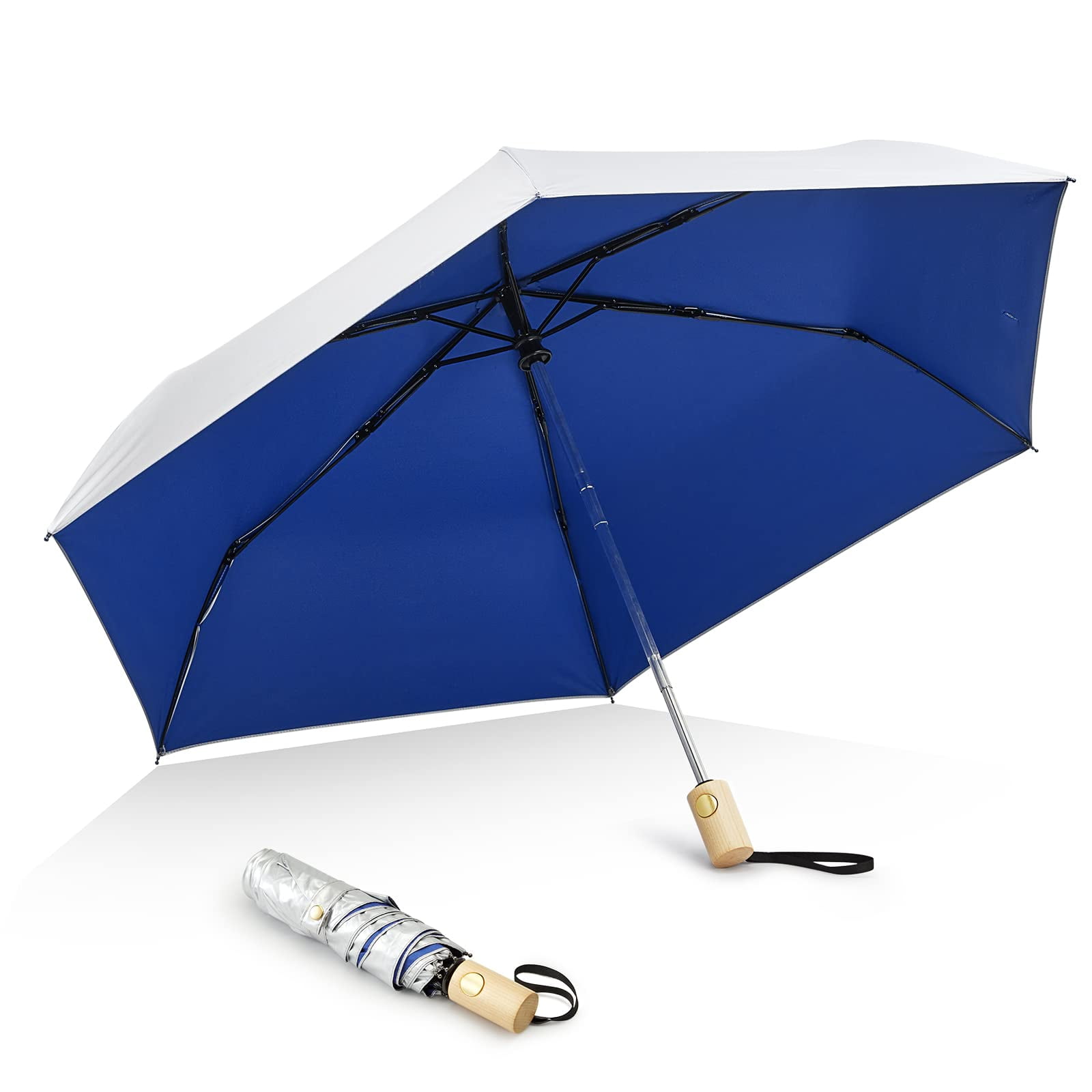 G4Free UPF 50+ UV Protection Travel Umbrella with Wooden Handle, 42 Inch Lightweight Sun Rain Folding Umbrellas Auto Open Close