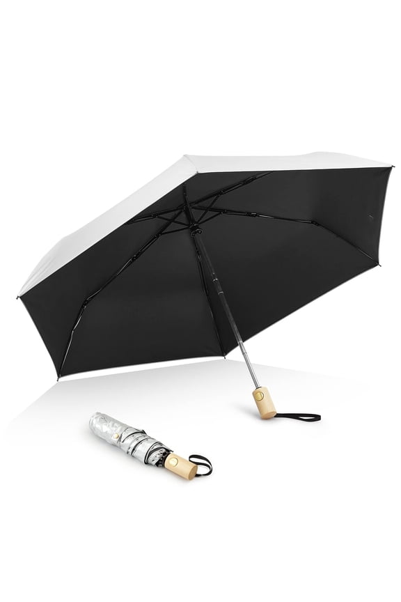 UPF 50+ UV Protection Travel Umbrella with Wooden Handle, 42 Inch Lightweight Sun Rain Folding Umbrellas Auto Open Close