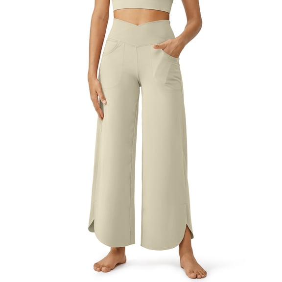G4Free Wide Leg Pants for Women 29'' Loose Yoga Capri Pants Cross High Waist Dance Palazzo Casual Pants with Pockets